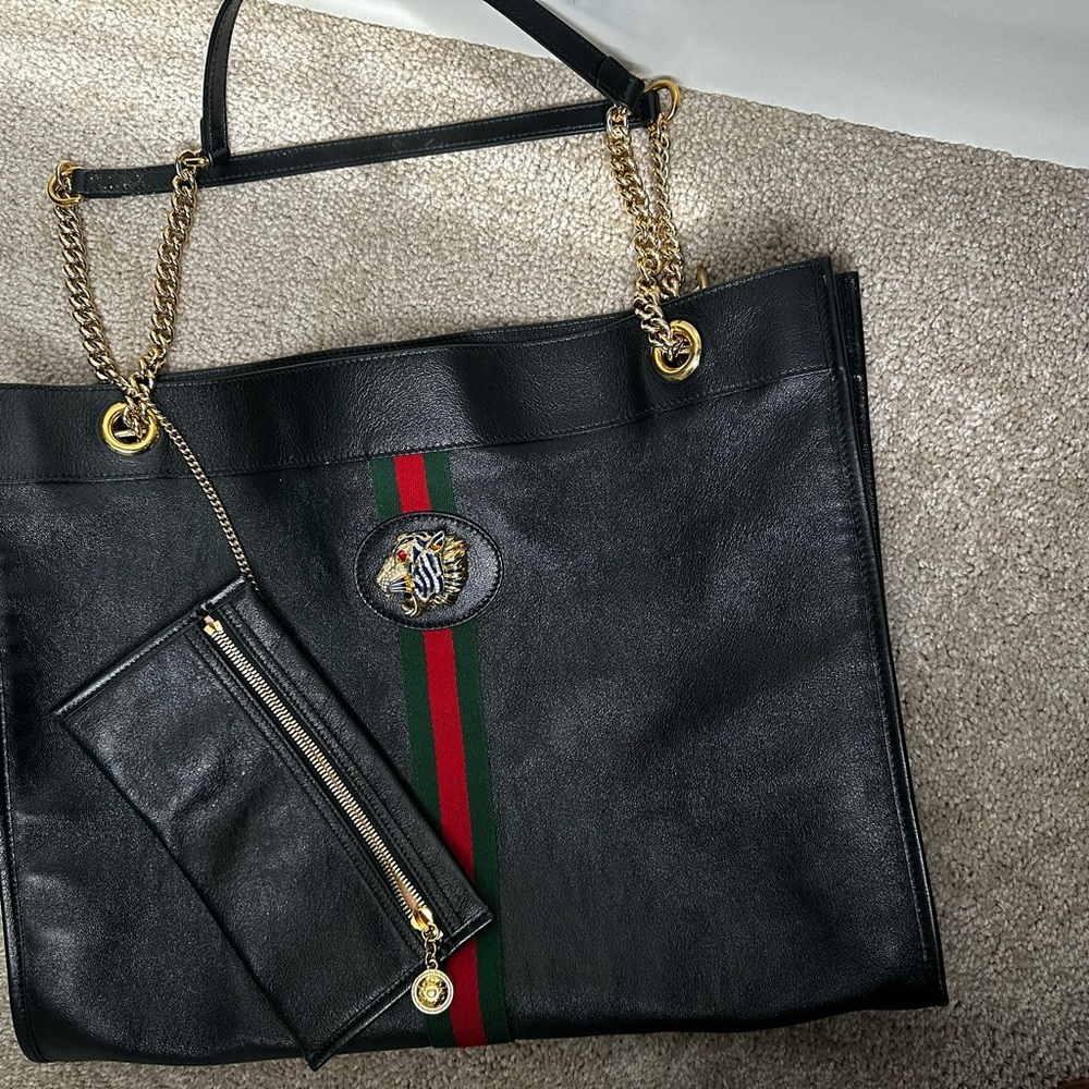 GUCCI Rajah Chain Tote Bag Leather Black 537219 Tiger head Purse 90191005 - Picture 2 of 5